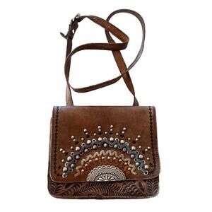 American West Brown Leather Shoulder Bag with Silver Accents
